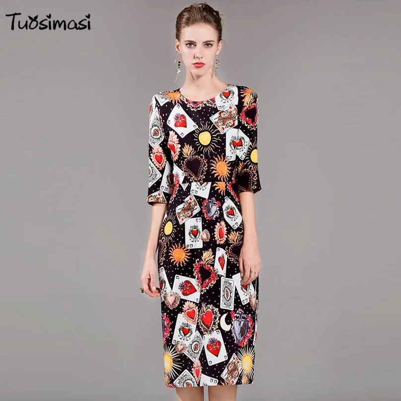 2017 autumn Women Playing cards print half sleeve Dress pencil vintage ...