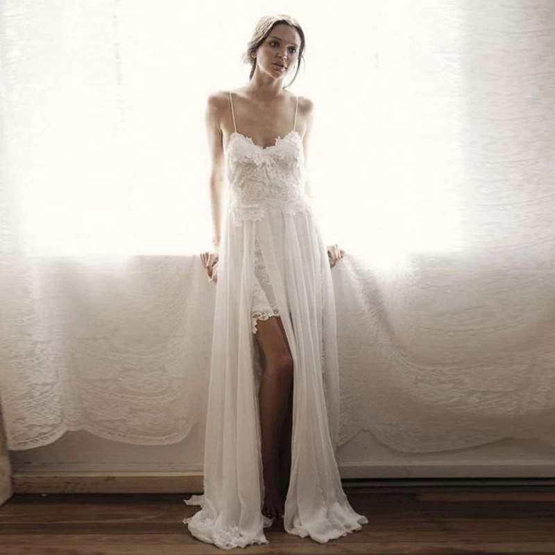 

LORIE Boho Wedding dress 2019 Spaghetti Strap Lace Beach Wedding Gown Chiffon Backless Cuatom Made Bridal Gown Free Shipping