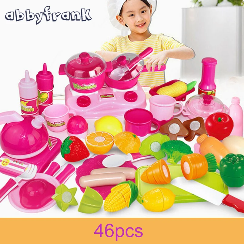 Abbyfrank 46pcs Pink Pretend Play Kitchen Toys Baby Kitchen Cutting
