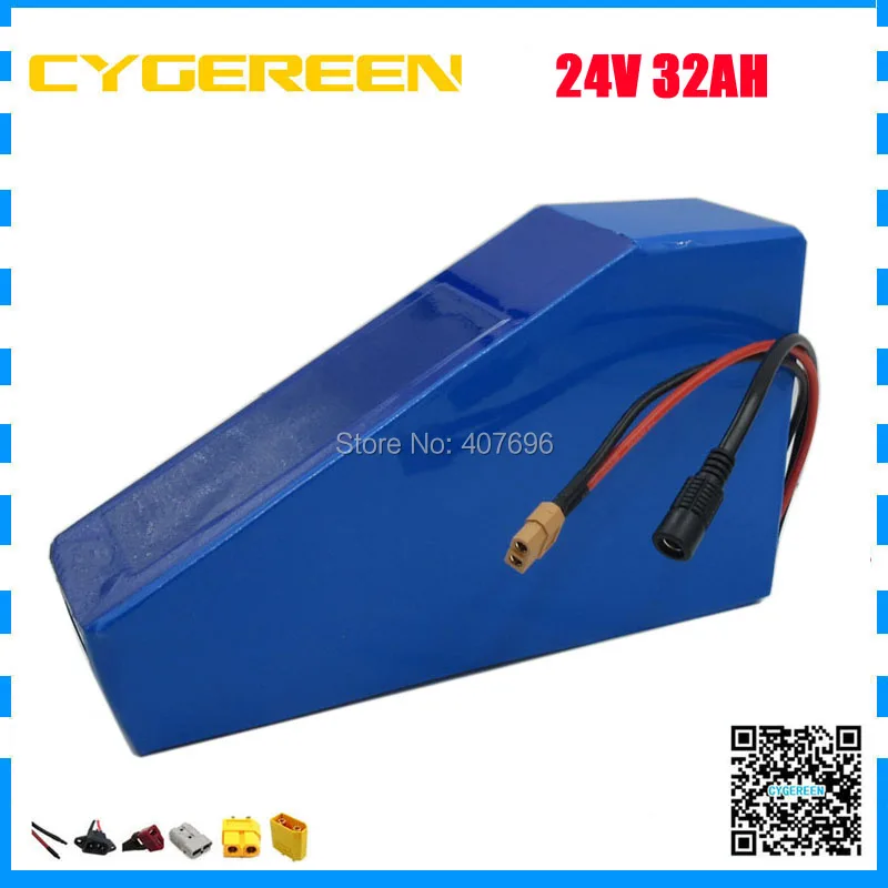 

ebike bicycle battery 24V 32AH triangle battery 24V lithium ion battery 32AH use NCR18650 3200mah cell 50A BMS 3A Charger
