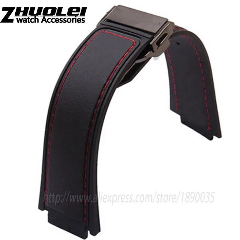 Kopen 26*19mm 29*19mm lug zwart met rode steken rubber horloge band band voor mannen horlogeband met accessoires waterdichte horloge bands