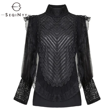 

SEQINYY Casual Shirt 2019 Spring Summer Woman's New Fashion Solid Stand Lantern Sleeve Lace Ruffles Button High Quality Shirt