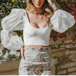 Женская сетчатая прозрачная укороченная футболка с длинным рукавом Прозрачный Топ летняя модная безрукавка с принтом