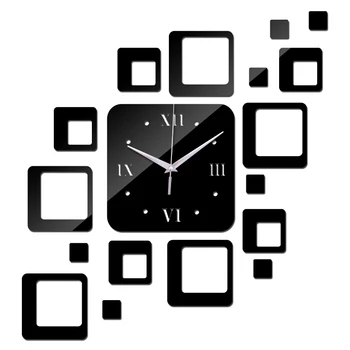 

New fashion diy geometric wall watches mirror acrylic square shape decoration wall stickers quartz wall clock for gifts clocks