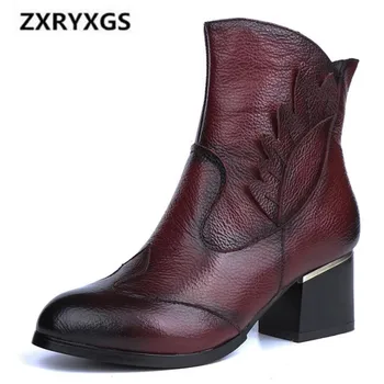 

Original Retro Handmade Women Boots 2019 New Autumn Boots Women Shoes Elegant Pointed Cowhide Leather Boots Warm Cotton Shoes