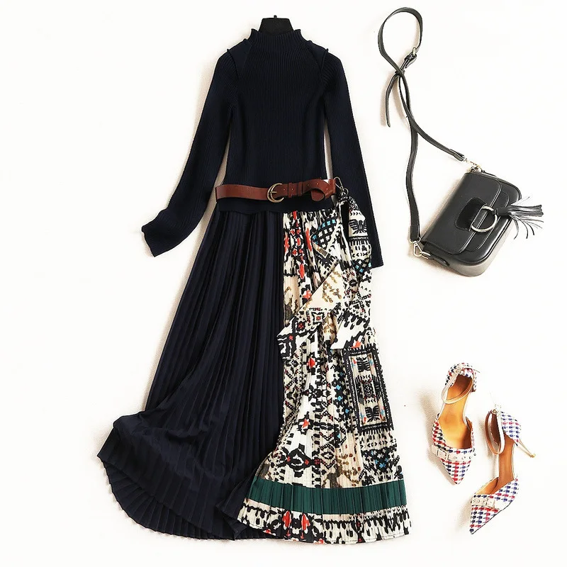 

High Quality Designer Women Winter Dress Long Sleeve Fashion Knitting Patchwork Sweater Dress Vintage Print Midi Pleated Dress