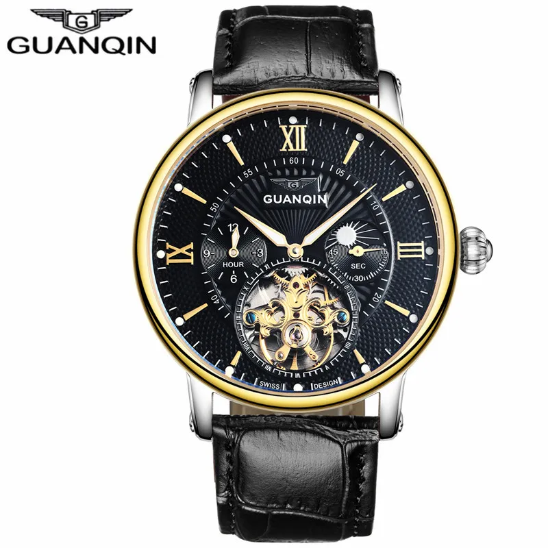 Натуральная GUANQIN Элитный бренд Tourbillon Skeleton световой часы мужские повседневные кожаные автоматические механические часы Relogio Masculino - Цвет: Gold Black