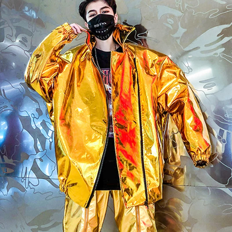 Весна осень для мужчин уличный хип хоп панк Рок блестящая куртка негабаритных пальто ночной клуб DJ певец сценический костюм Золото Серебро Цвет