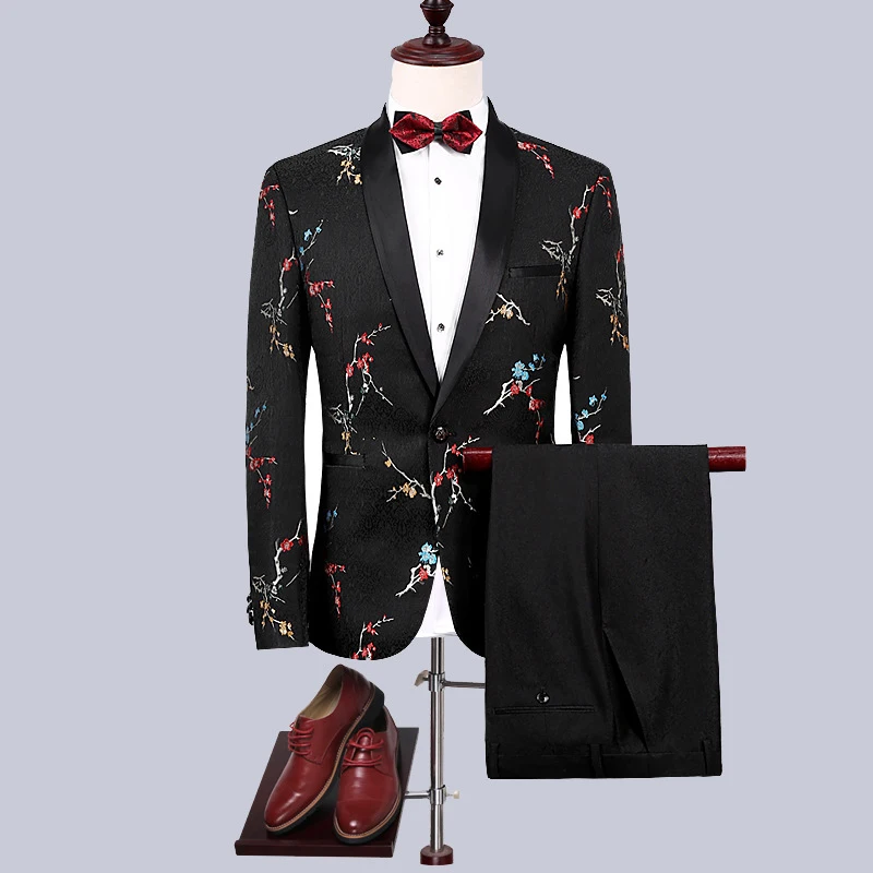 

Men's Printed Embroidered Suit 2-Piece Set Slim Men's Clothing Dress Chinese-Style Plum Blossom Embroidered Suit Leisure Set