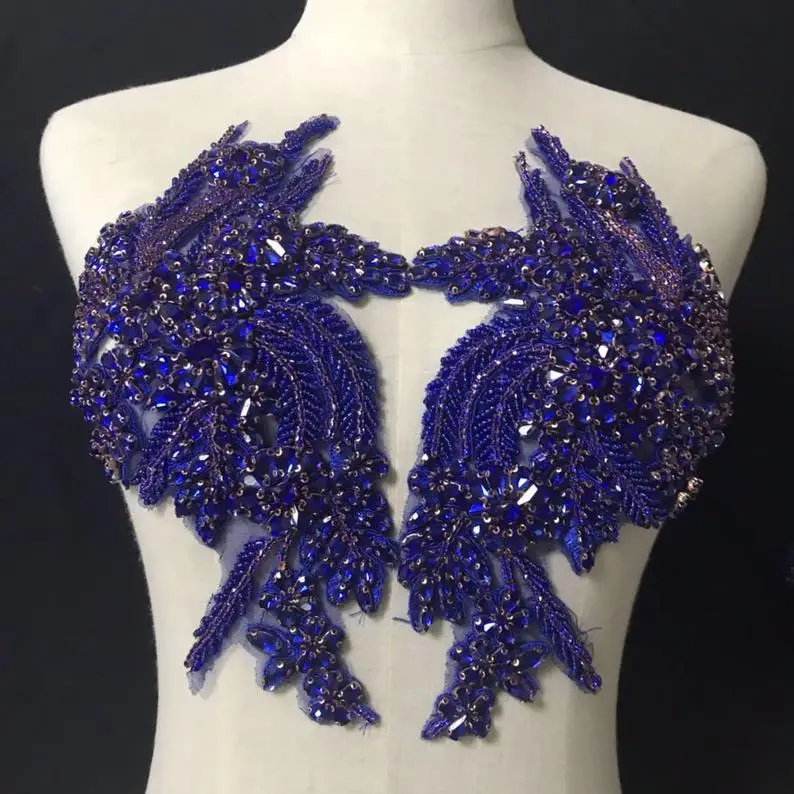 

2019 blue Deluxe Rhinestone Swarovshi bead applique with 3D artificial flower