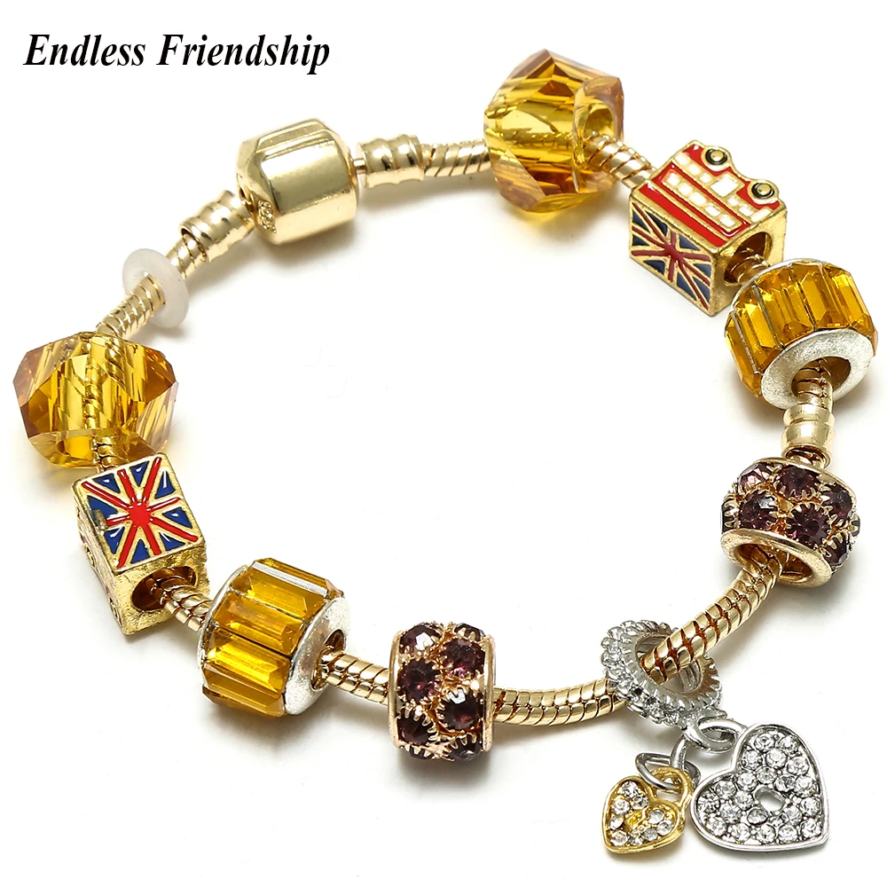 Fashion Gold Color Snake Chain Charm Bracelet with Love Heart Dangle