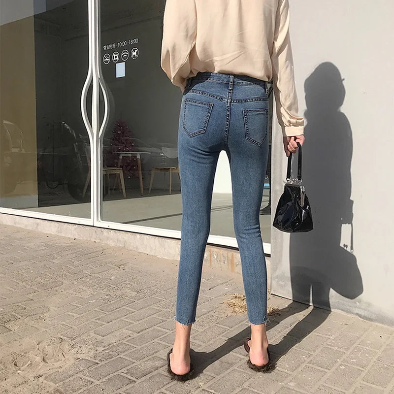 Женские джинсы, обтягивающие, подходят ко всему, рваные, высокая талия, карандаш, женские джинсы, s, корейский стиль, простые, длиной до лодыжки, трендовые, повседневные, студенческие, на молнии