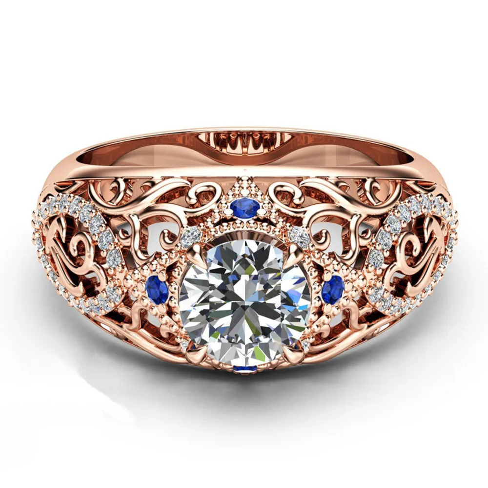 

Luxury Noble Rose Gold Rings Openwork Flowers With Blue Ladies Ring Jewelry Flawless Rings Ornaments Fantasy Ring Shiny Anillos