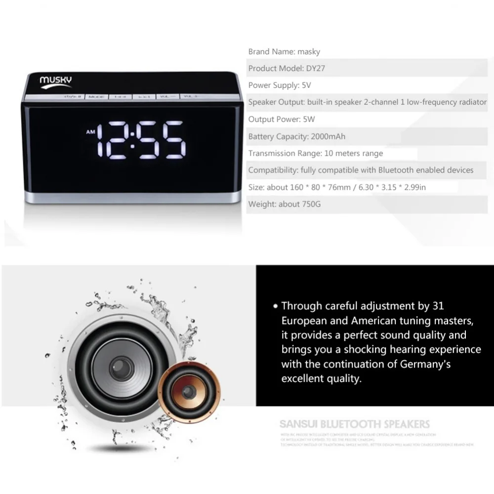 Высококачественные Bluetooth звуковые часы сигнализация портативный динамик Компьютер гостиная стерео сабвуфер радио Светодиодный дисплей с большим экраном