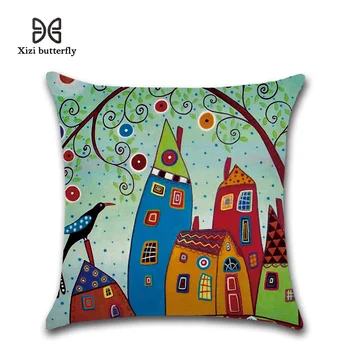 Hand-Painted Retro Rural Color Cities 45*45cm Cushion Cover Linen Throw Pillow Car Home Decoration Decorative Pillowcase 1