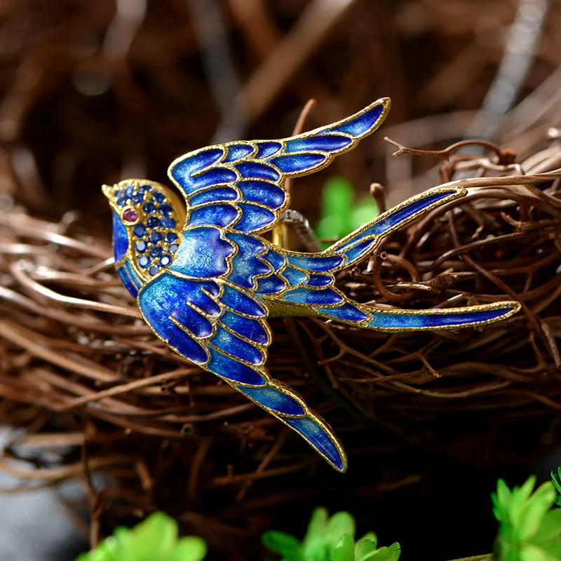 

Cloisonne Jewelry Gold Pendant Shaolan Sukhothai swallow vintage jewelry inlaid CZ Pendant