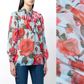 

145CM Wide 240G/M Big Rose Print Light Blue Polyester Chiffon Fabric for Summer Long and Short Dress Shirt Shirt Blouse DE687