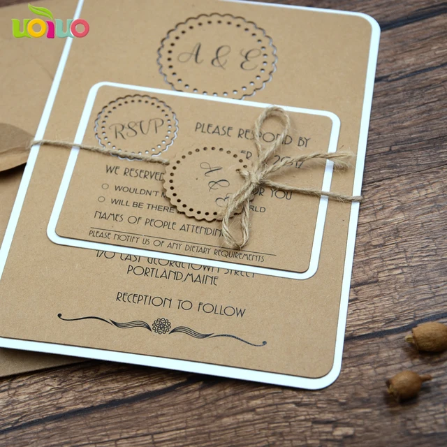20pc Laser Vintage Kraft Wedding Invitation Cards Envelope 20pc Laser Vintage Kraft Wedding Invitation Cards Envelope Rsvp Hemp Rope Tied Tag For