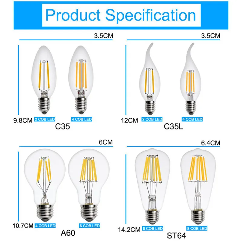 Светодиодная винтажная лампа Эдисона в стиле ретро Е27/Е14 220 В 2/4/6/8 Вт|led filament|led edison