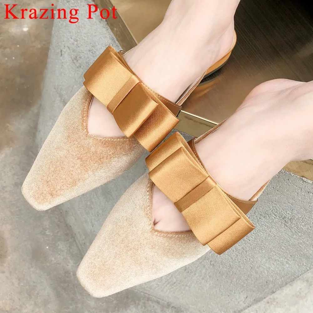 

Krazing Pot comfortable new velvet material satin butterfly-knot natural leather square toe slip on mules gathering pumps L43