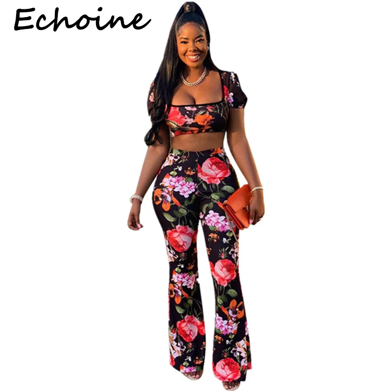 

Echoine Sexy Floral Print Two Piece Set Short Sleeve Crop Top + Long Wide Pants Summer Woman Sets Outfits