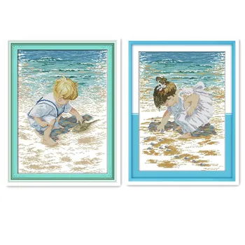 

Beach Boy Little Girl Picking Shells Seaside Beauty Handmade Chinese Embroidery Cross-stitch Kit Decoration Painting