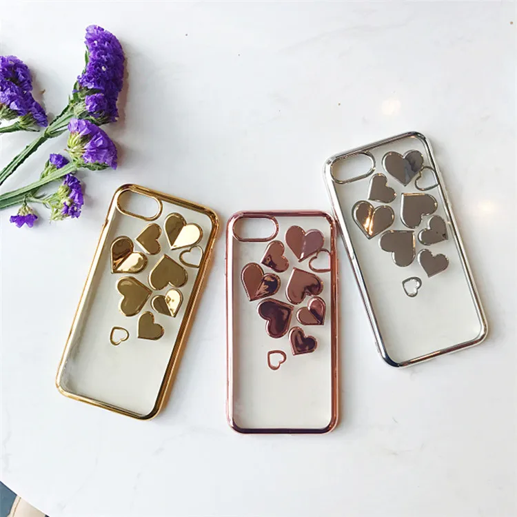 Южная Корея 3D покрытие сердце чехол для iPhone7 7plus серебро/розовое золото/золотое любовное сердце Чехлы для iPhone 6 6s 6plus 6s plus Прозрачный чехол для телефона