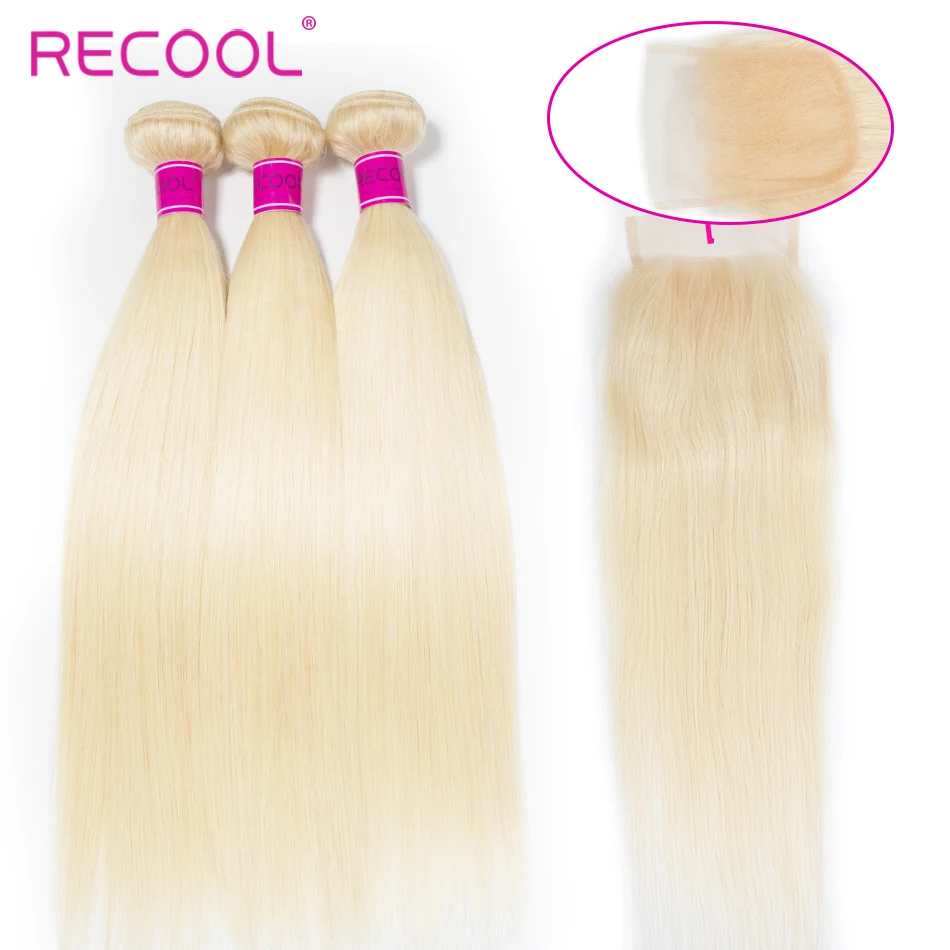 Recool Hair Blonde Bundles With Closure Brazilian Hair Weave Bundle With Closure Remy Human 613 Blonde Bundles