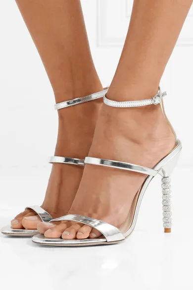 

Moraima Snc Silver Metallic Leather High Heel Sandal Sexy Open Toe Crystal Decorations Thin Heels Woman Party Wedding Shoes