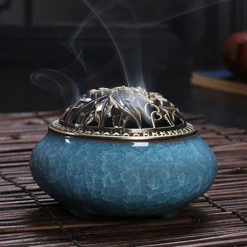 

Crackle Glaze Ceramic Incense Base Vintage Incense Burner Joss Sticks Incense Holder Censer Coil Furnace with Copper Alloy Lid