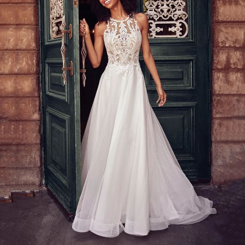

Women Dress Ladies Lace Sleeveless Fashion wedding Long Solid Round Neck Bridesmaid party elegant Floor Length dress