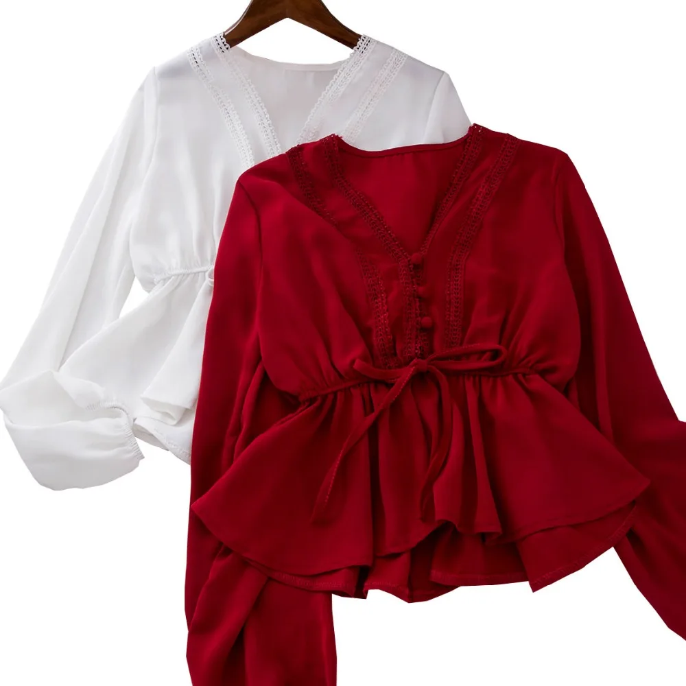 

Peplum Top White Blouse Blusas Mujer De Moda 2019 Kimono Womens Tops And Blouses Ruffle Deep V Neck Shirt Lace Long Sleeve Red