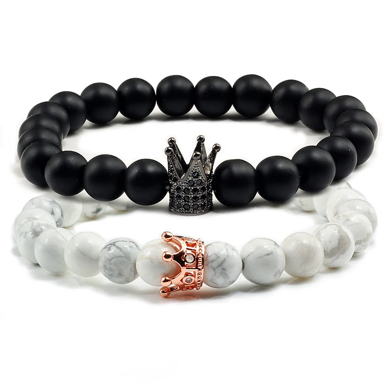 2 Pcs/Set White and Balck Couples Bracelets For Lover His King Her Queen Crown Hand Chains Tiger Eye Charms Mens Yinyang Bangles 2 Pcs/Set White and Balck Couples Bracelets For Lover His King Her Queen Crown Hand Chains Tiger Eye Charms Mens Yinyang Bangles