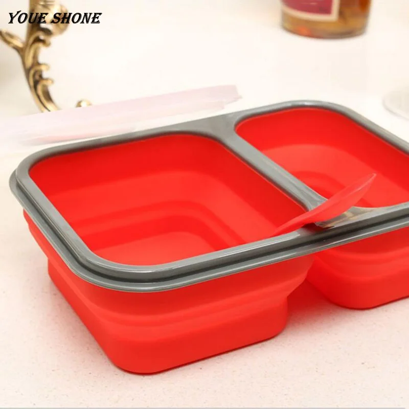 

900ml 2 Cells Collapsible Folding Lunch Box Food Safe Silicone Container Microwave Oven Bowl Storage Container