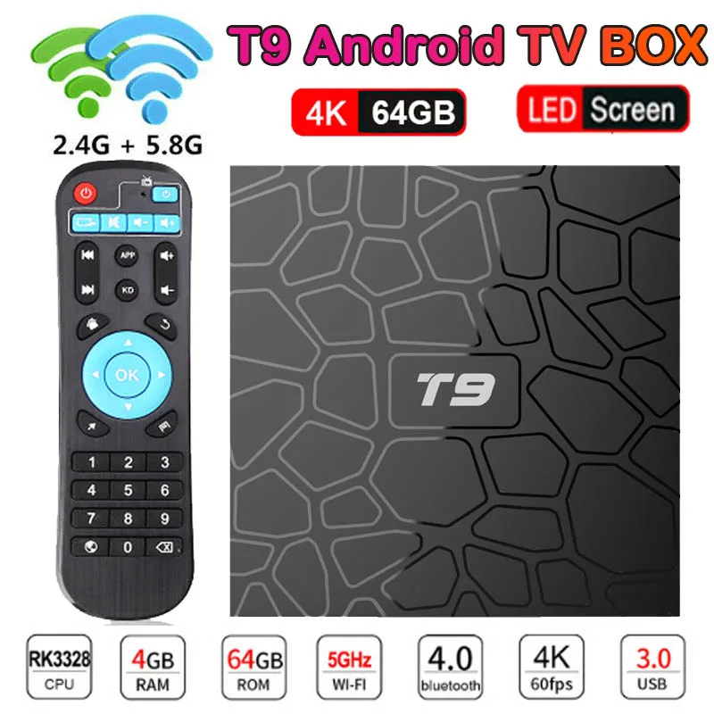 

T9 SMART TV BOX 4GB 64GB RK3328 Quad Core Smart Android 8.1 TV BOX Bluetooth4.0 H2.65 4K 2.4+5GHz WIFI Set-top box Media Player