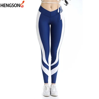 

Women blue white color casual fashion design high waist leggings elastic ankle-length patch-work leggings
