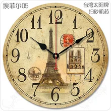 12″Big Modern Eiffel Tower Design Wall Clock Vintage Antique Wooden Wall Clock Retro Large Living Room Wall Clock Decor
