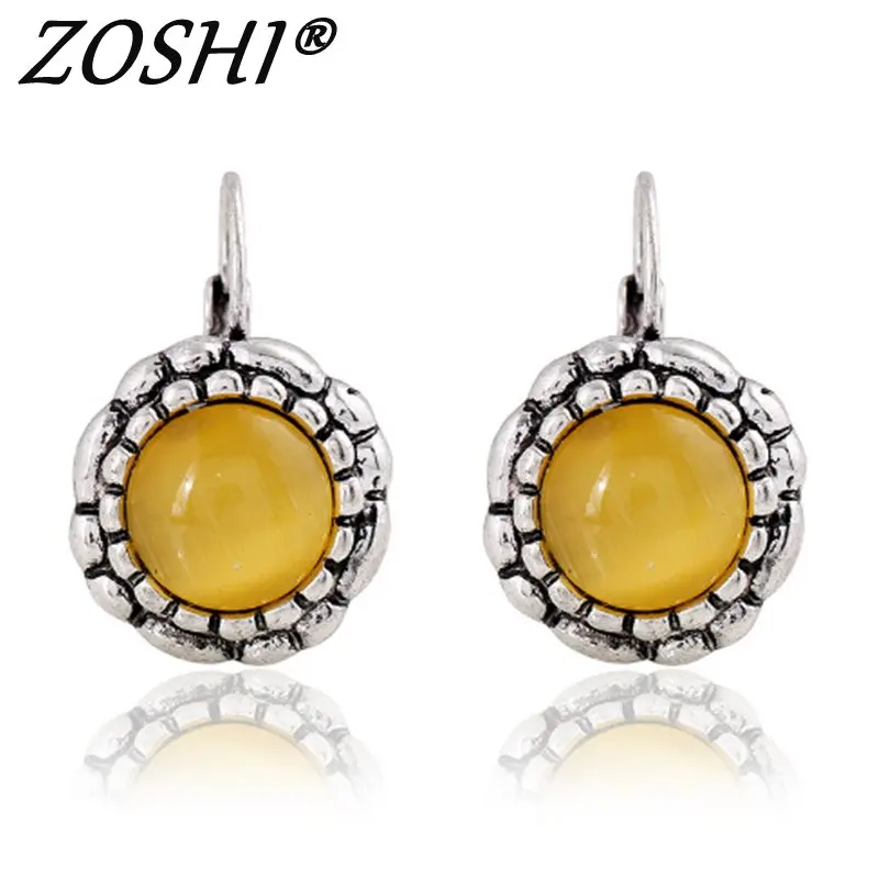 

ZOSHI Brand Vintage Elegant Luxury Beautiful Tibetan Silver Earrings Fashion Round Gem Earrings For Women Charm Jewelry