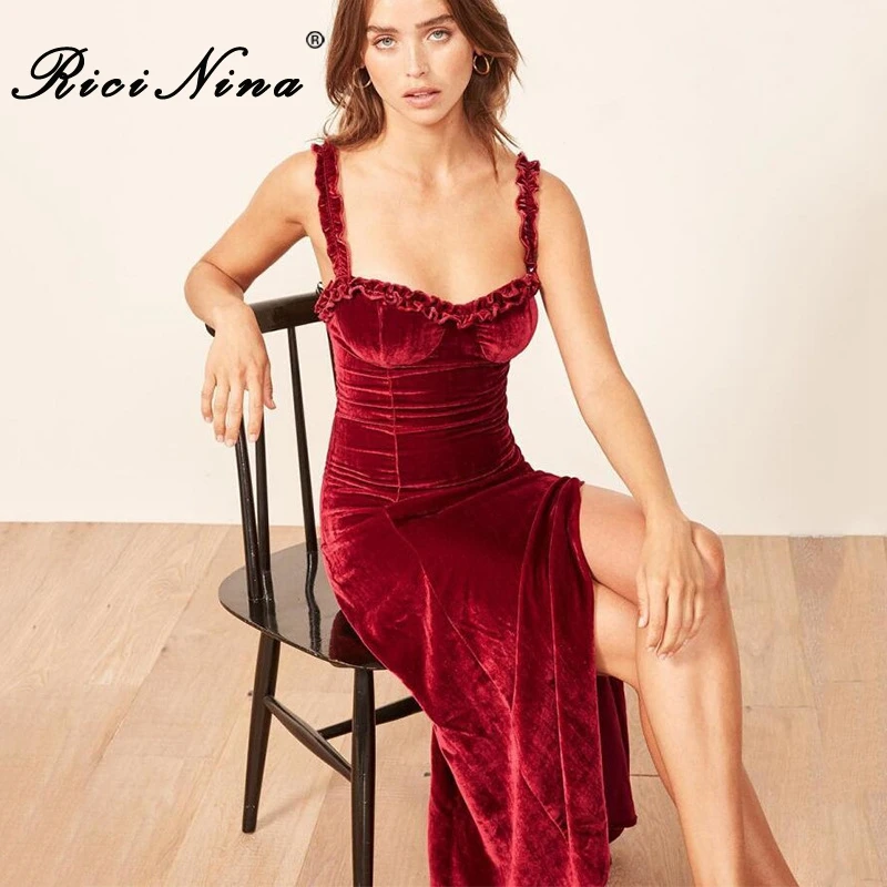 RICININA 2019 Summer Casual Long Dress Women Square Collar Spaghetti Strap Empire Waist Slit Dresses Ladies Elegant Dresses
