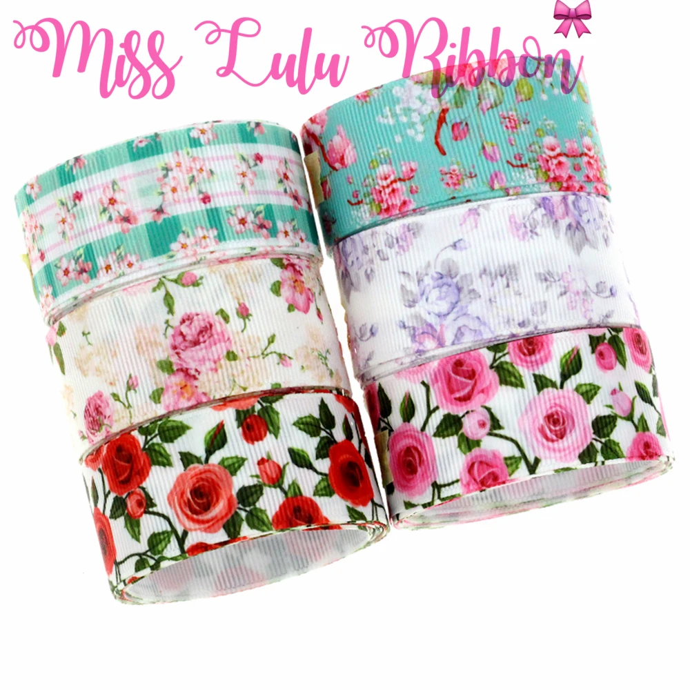 

16mm-75mm Flower Series Pink Rose Flora Patterns Printed Grosgrain Ribbon/Foe Hair Band Making DIY Party 50yards/roll