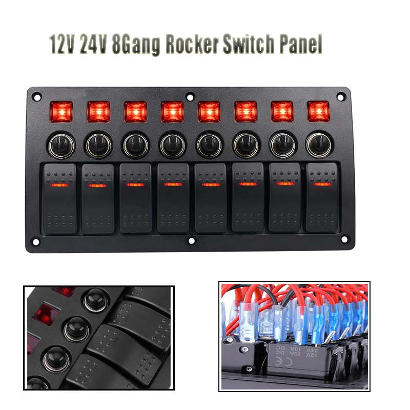 

8 Gang Switch Panel 12V Waterproof Fuse Car Auto Boat Marine Rocker Switch Panel Circuit Breakers for RV Car Boat With Red Led