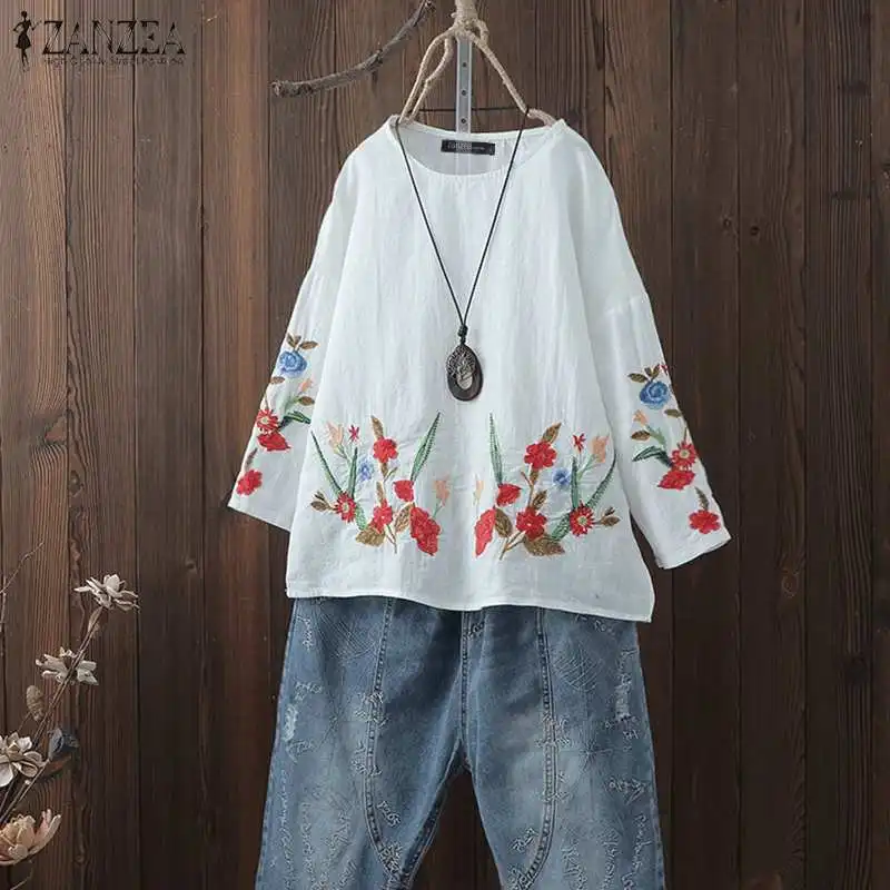 

ZANZEA Summer Embroidery Tunic Tops Women Vintage Long Sleeve Floral Blouse Cotton Linen Shirt Chemise Robe Casual Party Blusas