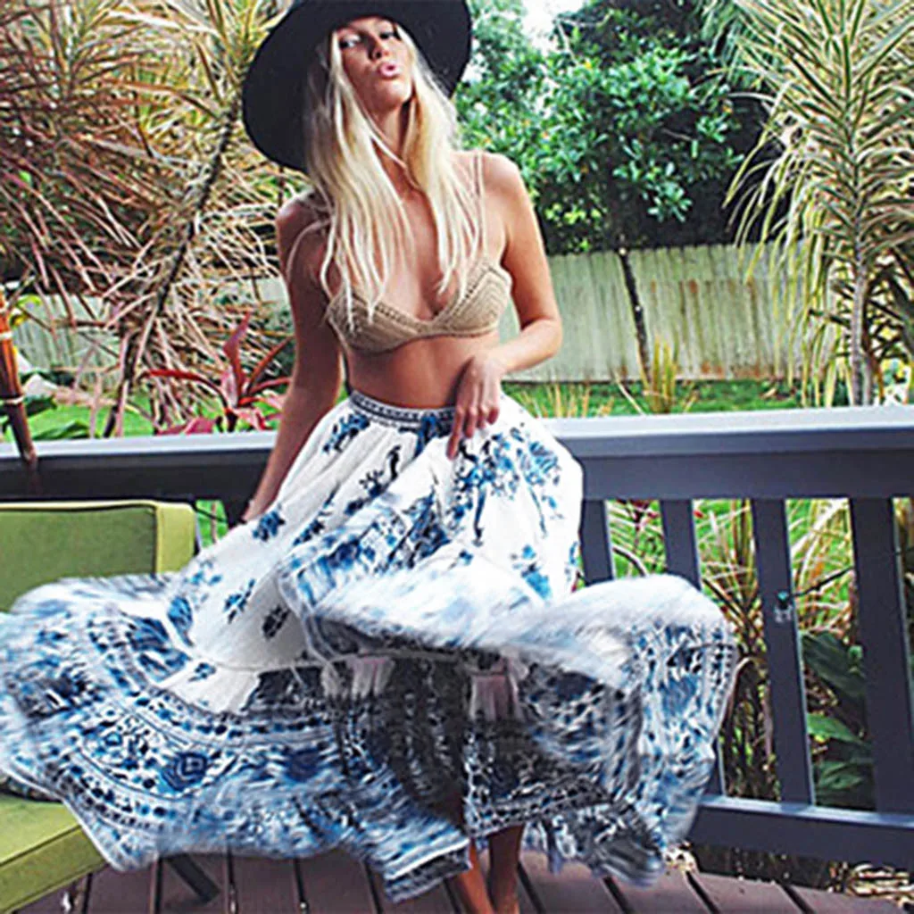 

Feitong Casual Womens Skirts Long Bohemian Gypsy Boho Flowers Elastic Waist Ladies Skirts Floral Print Loose Party Vintage Skirt