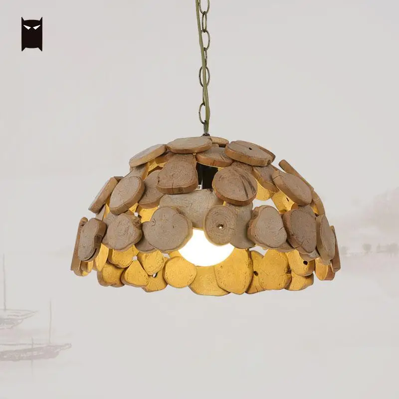 

Wooden Lamp Shade Pendant Light Fixture Chain Vintage Industrial Retro Antique Handmade Hang Lighting Luminaires Edison Bulb E27