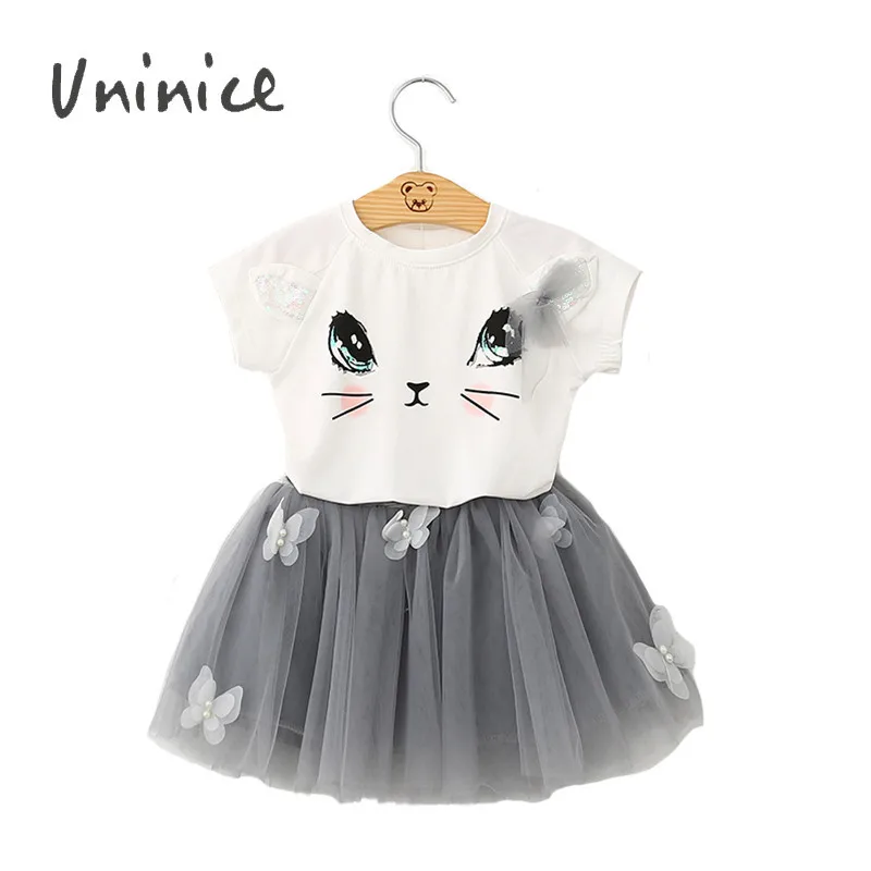 Summer Girls Cat Clothing Sets Cartoon Kitten Printed T Shirts Skirts Girls Clothes
