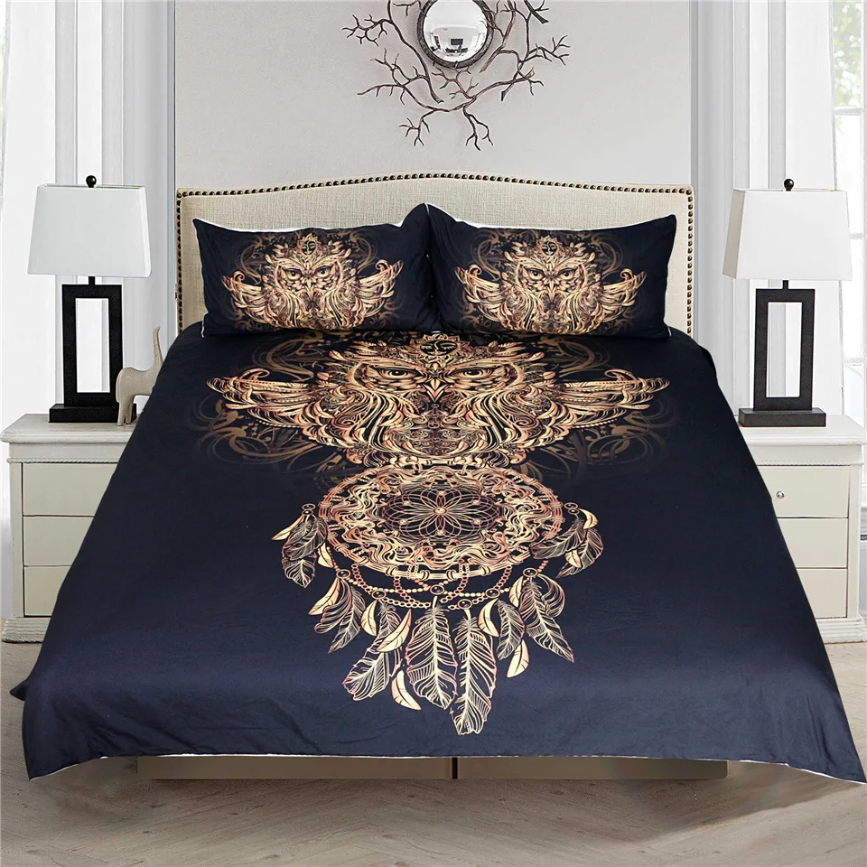 

Golden owl 3pcs duvet cover bedding set queen size with pillowcase, bed sheet not included