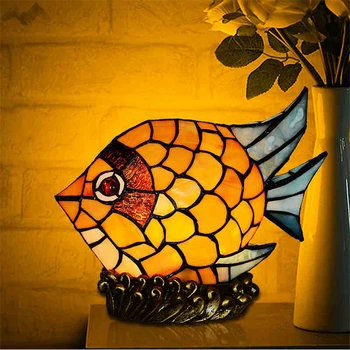

JW Mediterranean Style Creative Colorful LED Table Lamp Color Glass Small Fish Ornaments Bedside Light for Bedroom Living Room