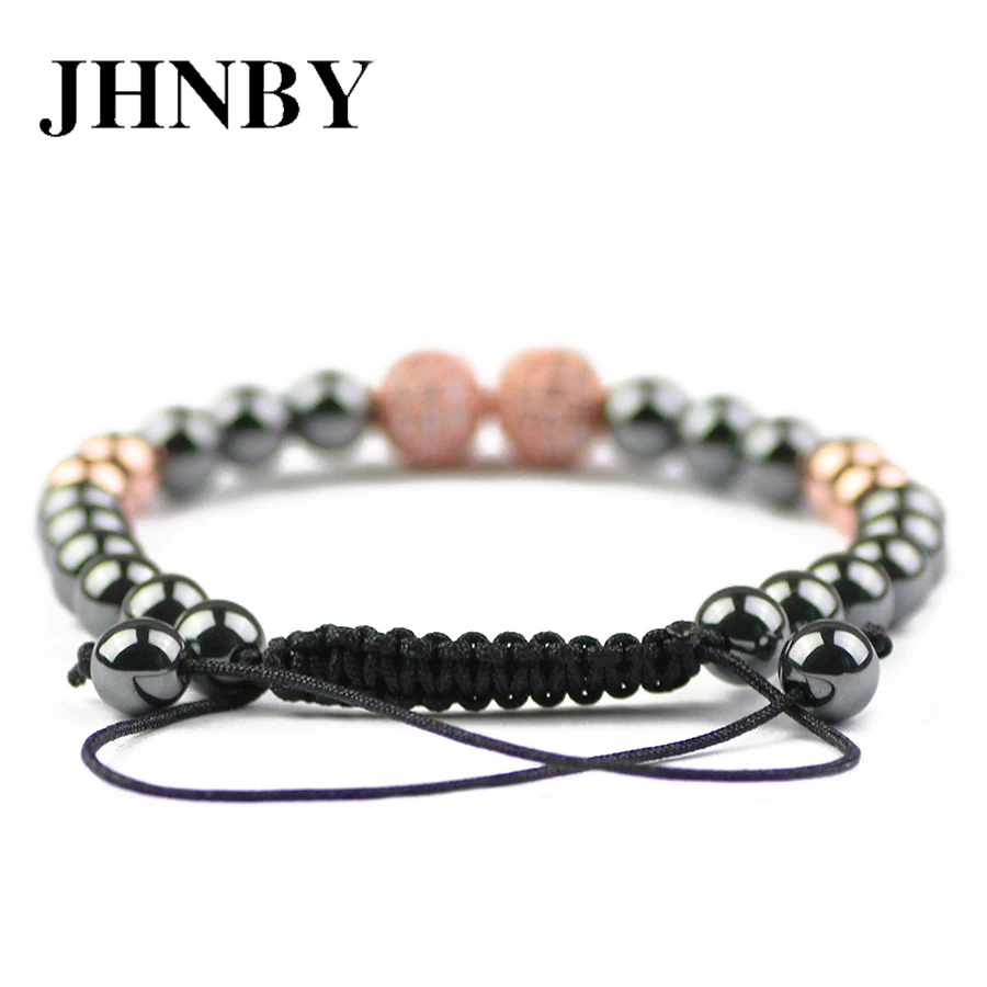JHNBY мяч 6 мм Hematite бусы мужские Подвески браслет мозаика CZ плетеная веревка женский