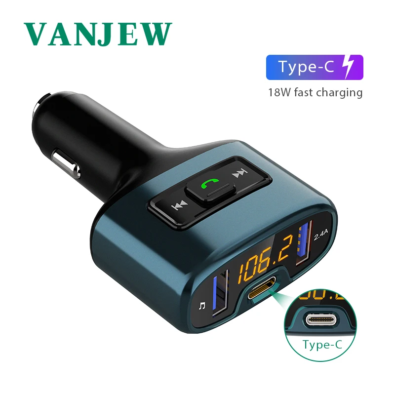 VANJEW C52 Car Accessories HandsFree Bluetooth Car Fm Transmitter Car Mp3 Player TYPE-C Fasting Charge Audio Dual USB Car Charge