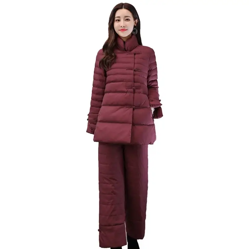 Женский комплект из двух предметов, зимний теплый пуховик, штаны-парка, Женская винтажная куртка с расклешенными рукавами, Женский костюм с вышивкой, пальто размера плюс, 3XL, B48 - Цвет: Красный
